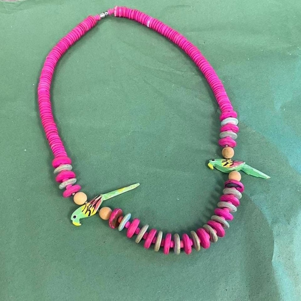 Handmade pink & green wooden parrot necklace